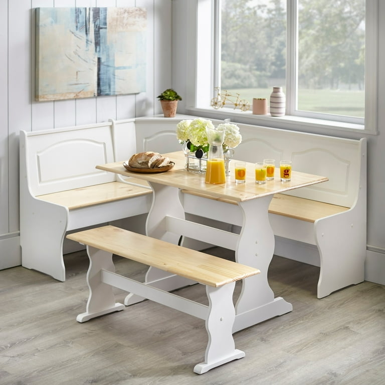White & Natural Wood Corner Breakfast Nook Set with Trestle Table