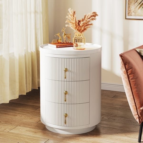 White Nightstand Cylindrical Fluted Texture Gold Drop Handles
