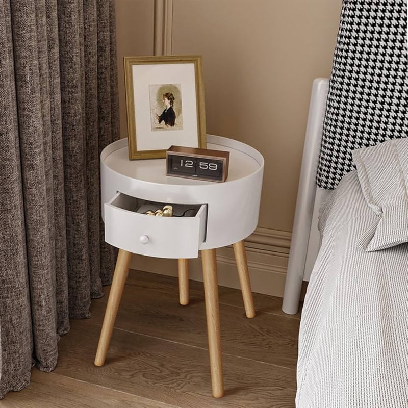 White Nightstand Tray Style Rim Tapered Wood Splayed Legs
