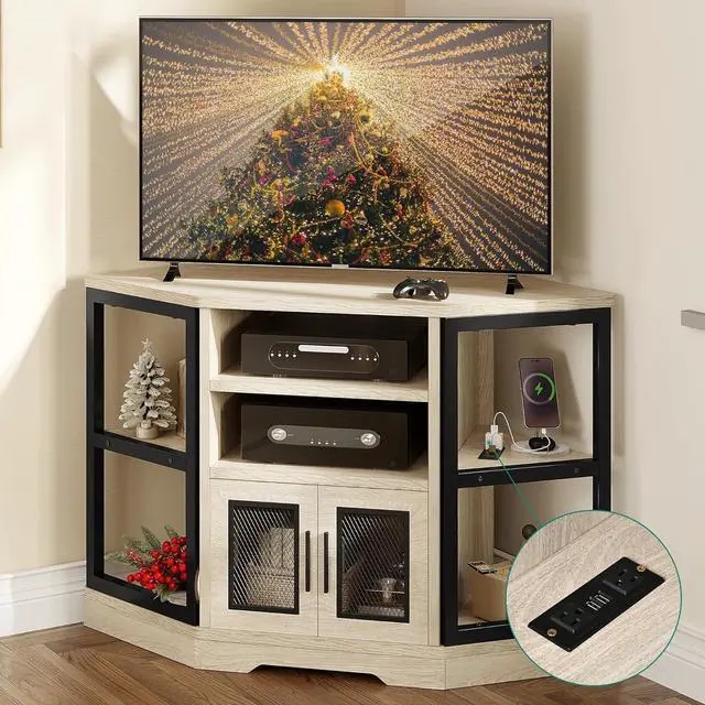 White Oak Corner Media Console Built-In Outlets Industrial Mesh