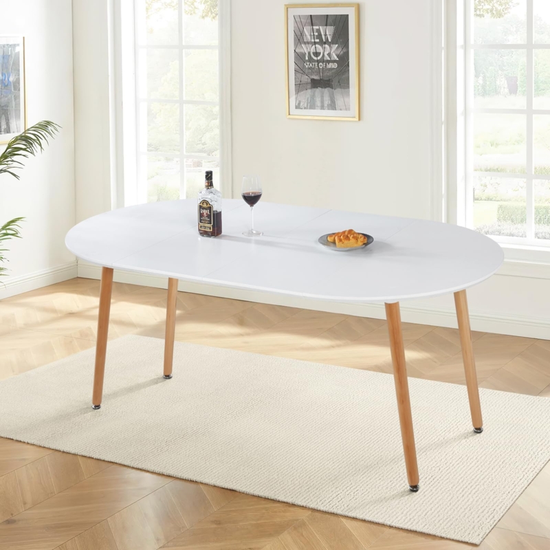 White Oval Dining Table Extendable Top Tapered Wood Legs Mid Century Modern