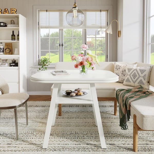 White Oval Dining Table Integrated Shelf Scandinavian Breakfast Nook