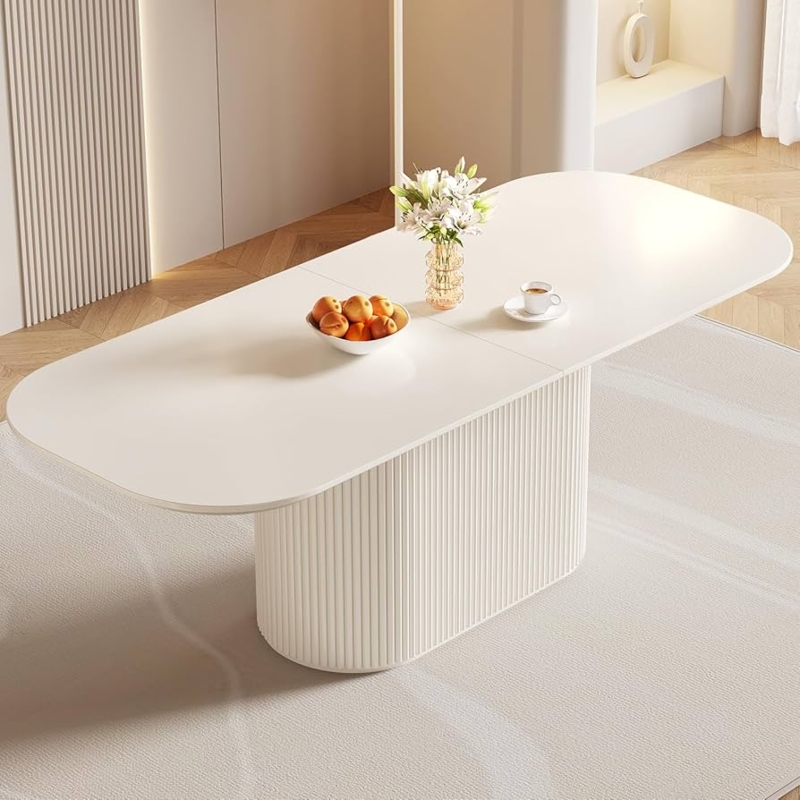 White Oval Dining Table with Sculptural Fluted Pedestal Base