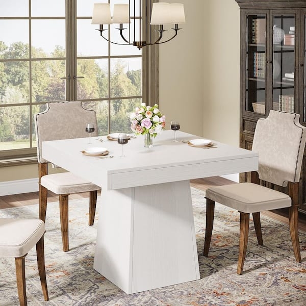 White Pedestal Dining Table Set Square Top Nailhead Trim Chairs