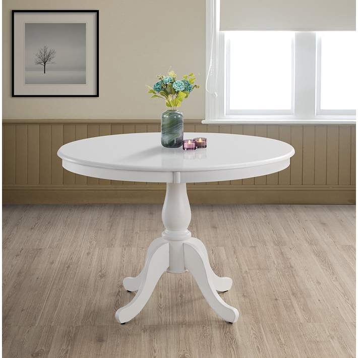 White Pedestal Dining Table, Transitional Turned Pedestal, Flared Legs