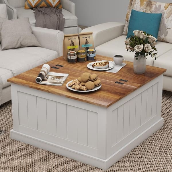 White Planked Center Table with Hinged Wood Top and Hidden Storage