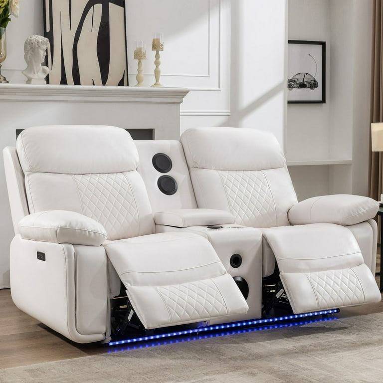 White Power Reclining Loveseat with LED Lighting and Speakers