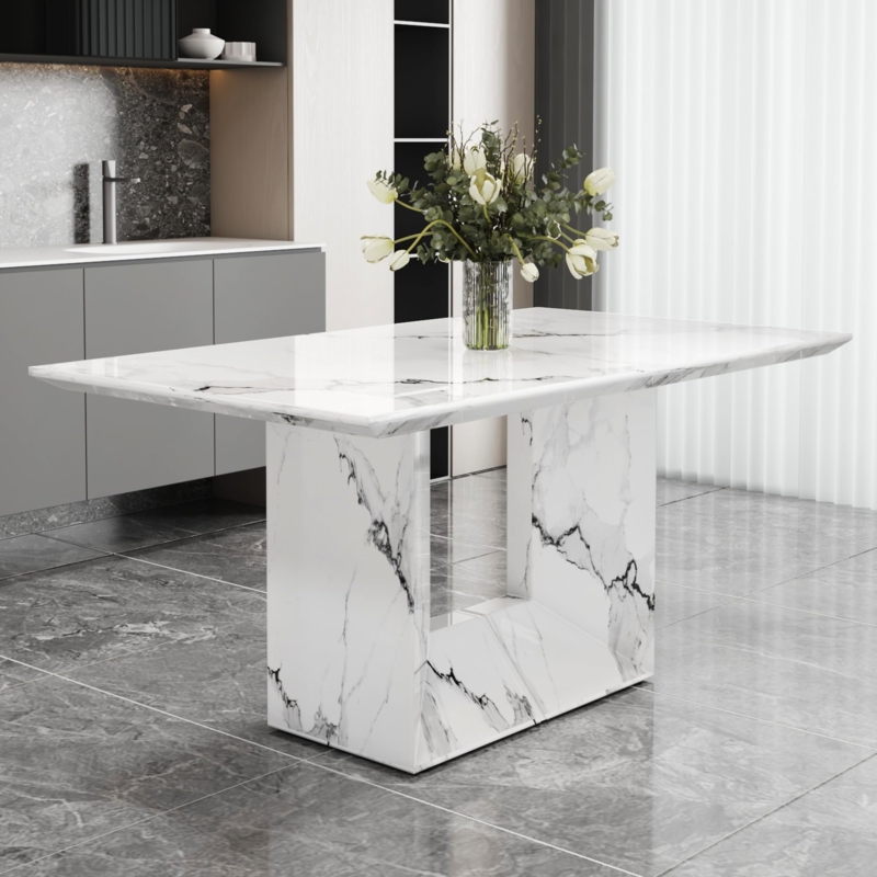 White Rectangular Dining Table with Unique Hollow Pedestal