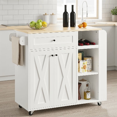 White Rolling Kitchen Cart with Drop Leaf and Wine Rack