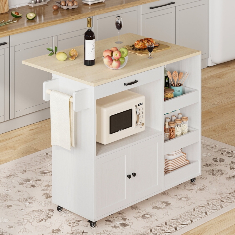 White Rolling Kitchen Island with Microwave Storage and Drop Leaf