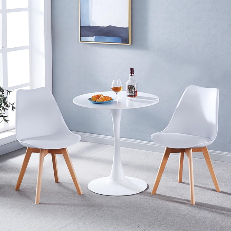White Round Dining Set Pedestal Table Tapered Wood Legs Minimalist