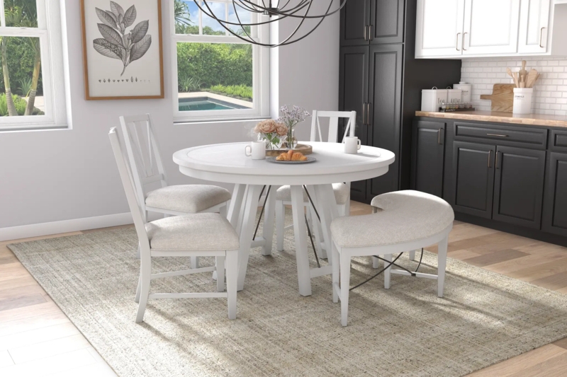 White Round Dining Set with Curved Bench and Coastal Style