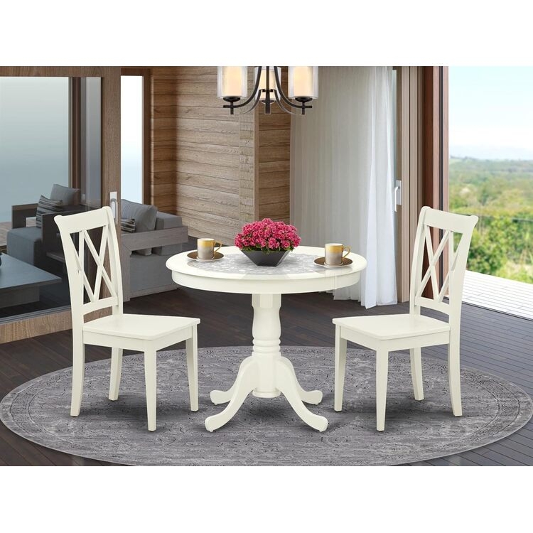 White Round Dining Set with Double X-Back Chairs, Pedestal Base
