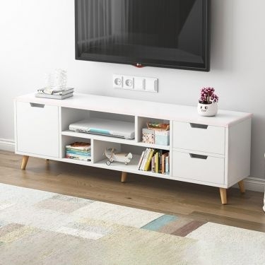 White Scandinavian TV Stand with Asymmetrical Storage and Wood Legs
