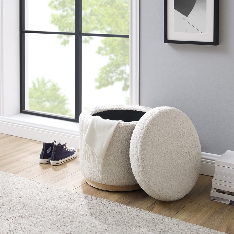 White Sherpa Cylindrical Storage Ottoman Wood Base Ring