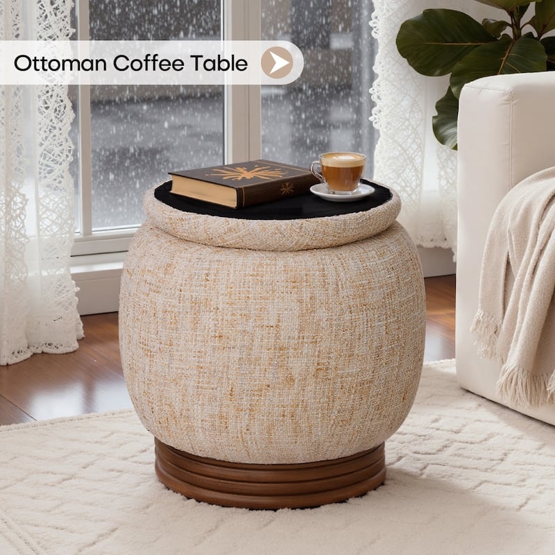 White Sherpa Storage Ottoman with Flip-Top Tray and Legs