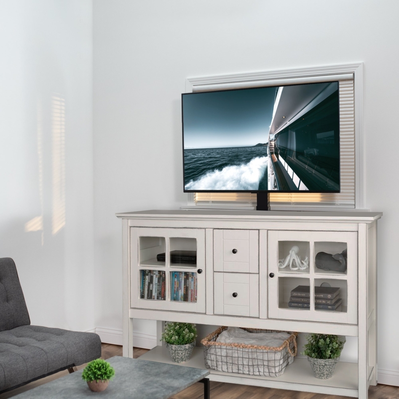 White Sideboard TV Stand with Motorized Lift and Glass Paned Doors