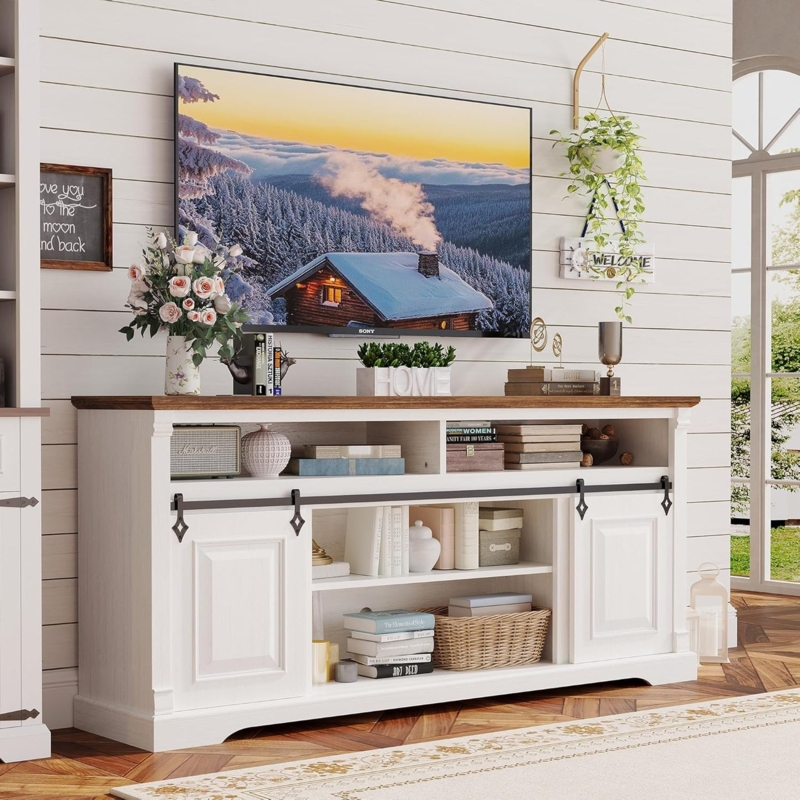 White Sliding Barn Door Console, Extra Wide Design, Two-Tone Finish