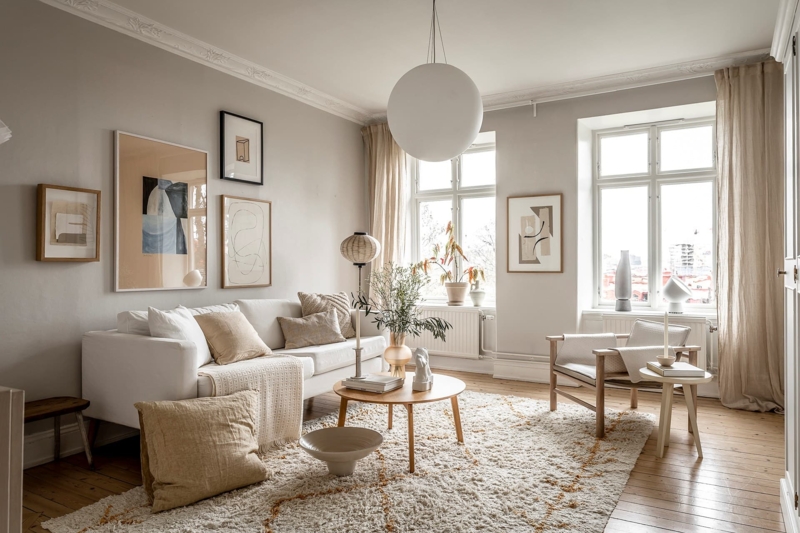 White Sofa in Scandinavian Living Room with Textured Shag Rug