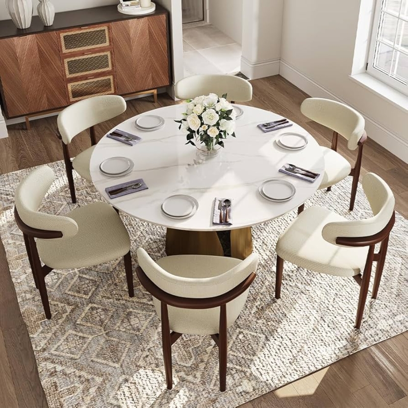 White Stone Top Round Dining Table with Modern Bronze Pedestal Base