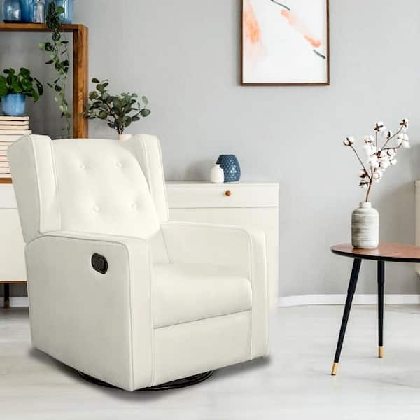 White Swivel Glider Recliner with Button Tufting and Recessed Handle