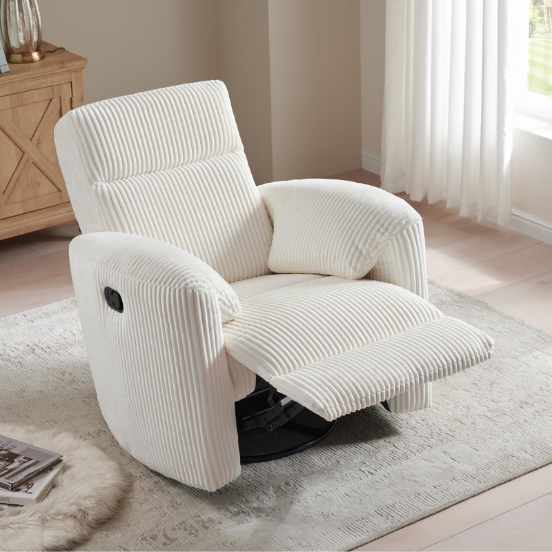 White Swivel Rocker Recliner with Corduroy Fabric and Manual Handle