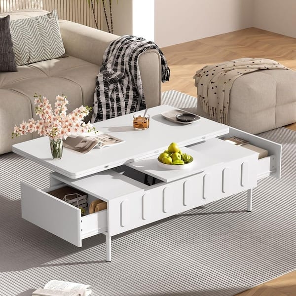 White Table with Drawers featuring Ribbed Surface and Foldable Top