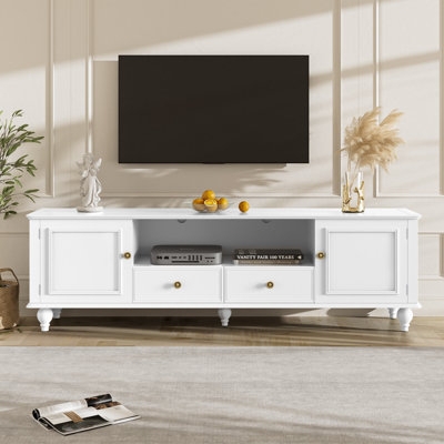White Transitional TV Stand with Bun Feet and Recessed Panels