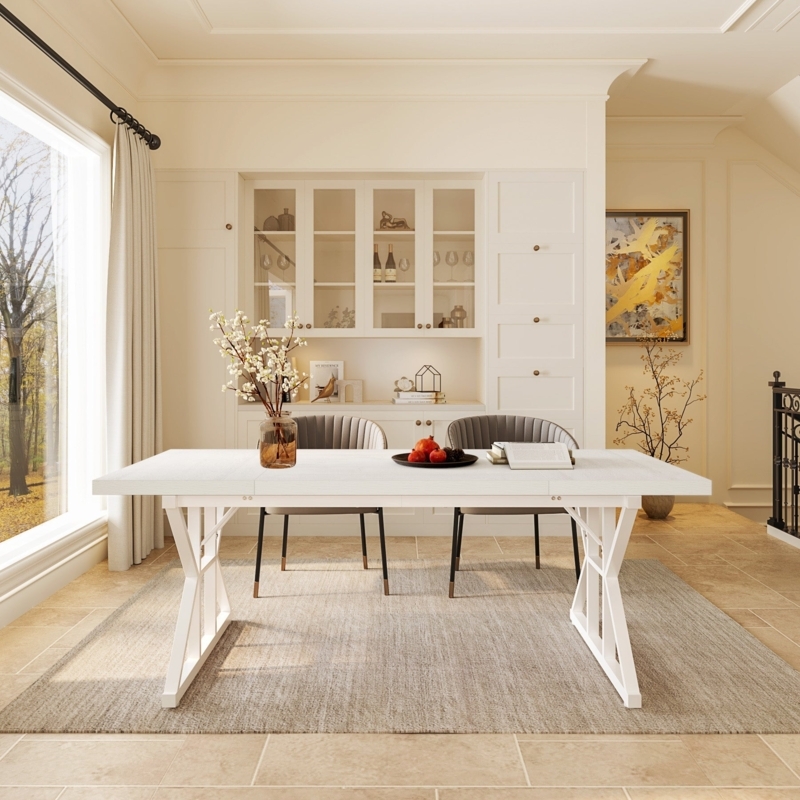 White Trestle Dining Table with Ribbed Upholstered Chairs