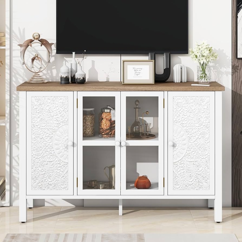 White TV Stand Floral Carved Glass Doors Farmhouse