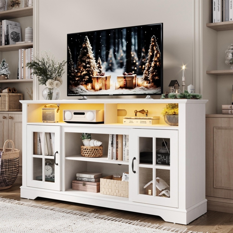 White TV Stand with Glass Mullion Doors and Warm LEDs