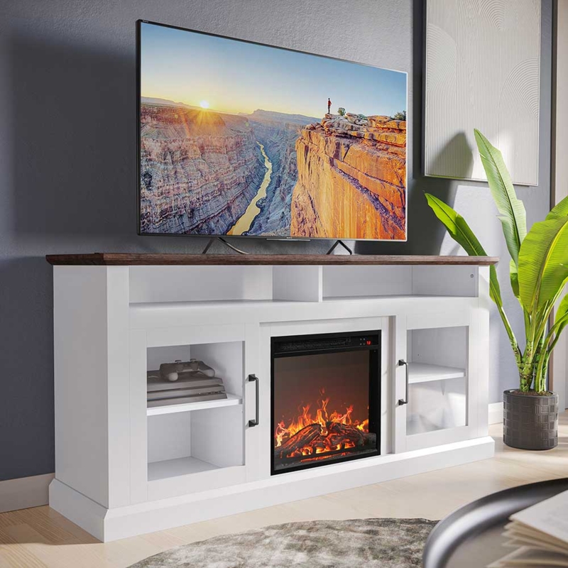 White TV Stand with Integrated Electric Fireplace Insert