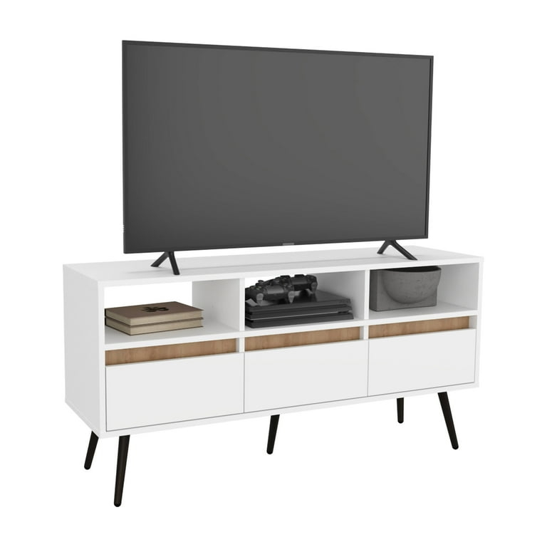 White TV Stand Wood Accent Drawers Tapered Legs MCM