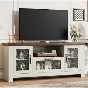 White TV Stand Wood Top with Textured Glass Doors Two Tone Console