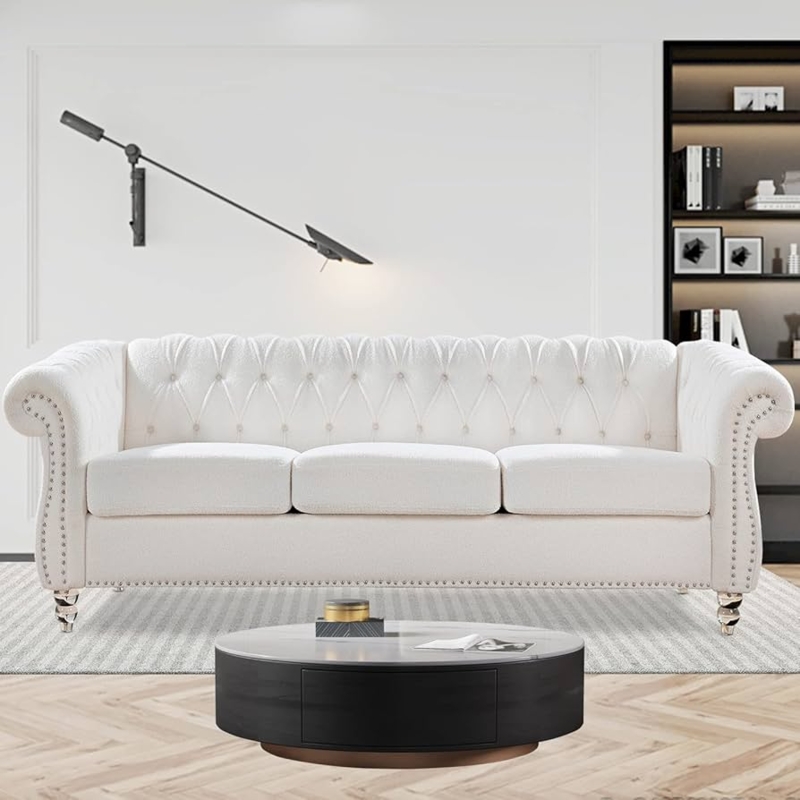 White Velvet Chesterfield Sofa featuring Silver Nailhead Trim