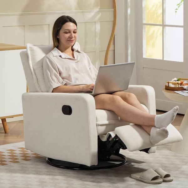 White Velvet Swivel Recliner Chair with Manual Glider Base