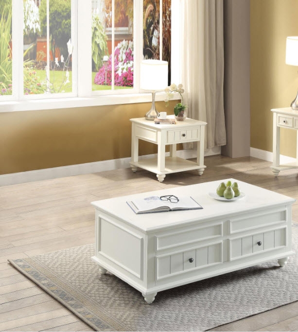 White Washed Lift Top Coffee Table with Turned Bun Feet