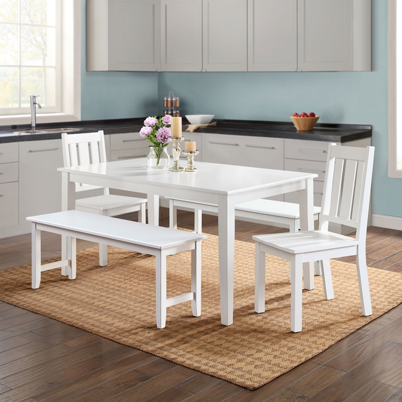 White Wood Dining Set Slatted Back Chairs and Matching Benches