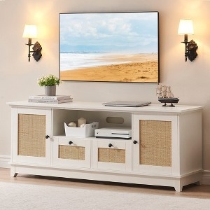 White Wood Media Stand with Matte Finish and Rattan Cane Accents