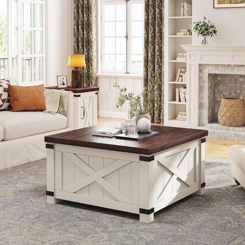 White X-Brace Coffee Table with Lift Top and Black Corner Accents