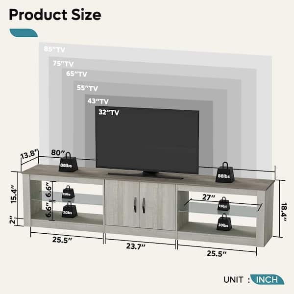 Whitewash Entertainment Center with Glass Shelves and 80 Inch Width