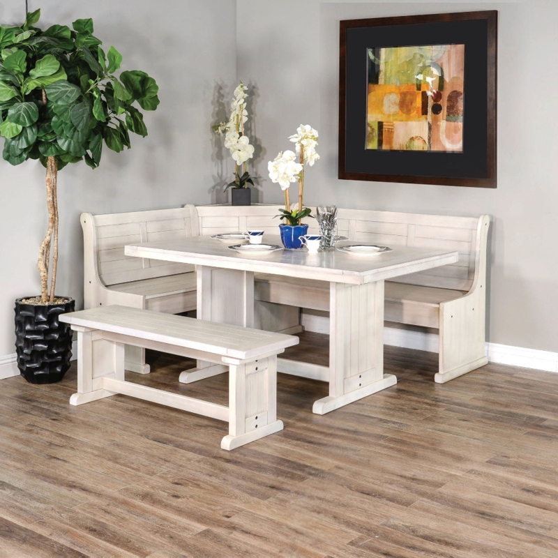 Whitewashed Breakfast Nook Set Corner Bench Paneled Back Design