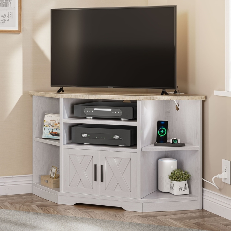 Whitewashed Corner TV Stand Rustic Barn Door Media Console