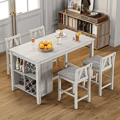 Whitewashed Counter Height Dining Set with Integrated Wine Storage