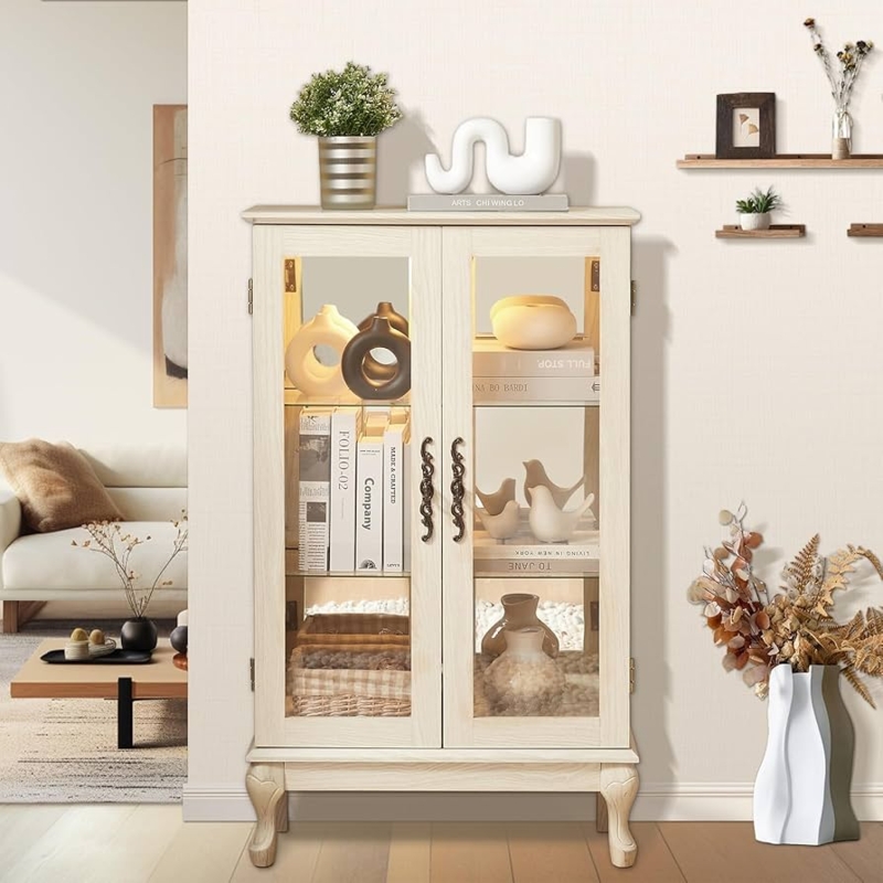 Whitewashed Curio Cabinet with Cabriole Legs and Interior Lighting