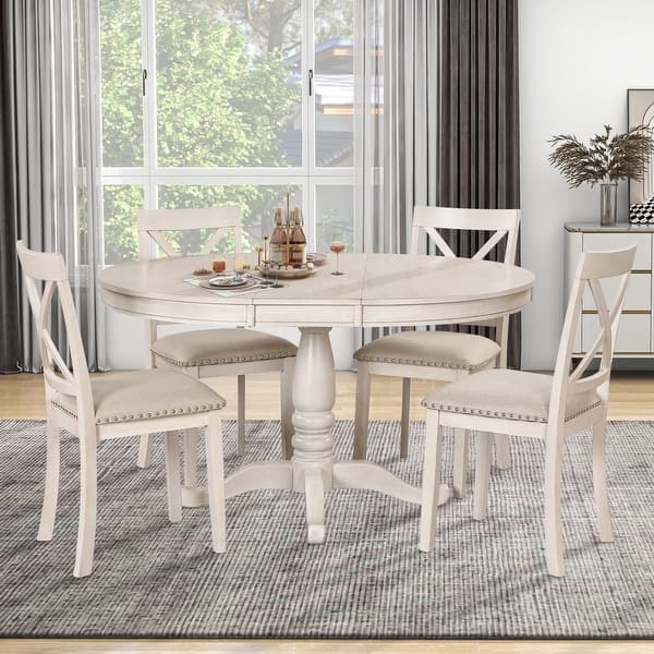 Whitewashed Dining Set Oval Pedestal Table X-Back Upholstered Chairs