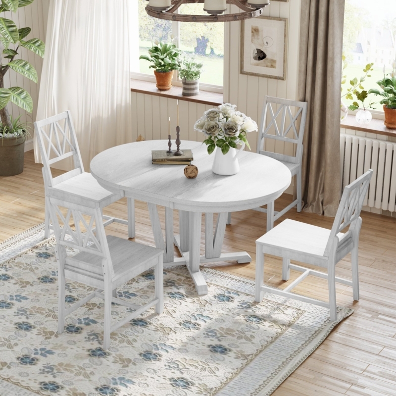 Whitewashed Dining Set Round Trestle Pedestal Rustic X-Back