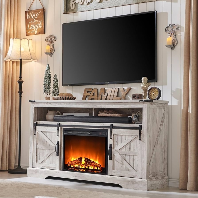 Whitewashed Entertainment Center Sliding Barn Doors Fireplace Unit