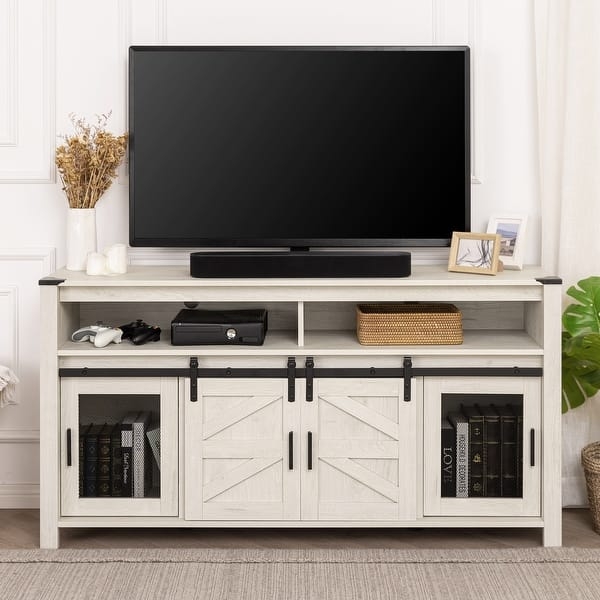 Whitewashed Farmhouse TV Stand with Glass Cabinets Sliding Barn Doors