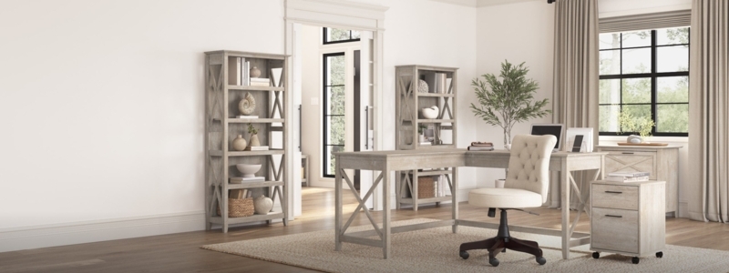 Whitewashed Office Set L Shaped Desk X Brace Tufted Chair Coastal